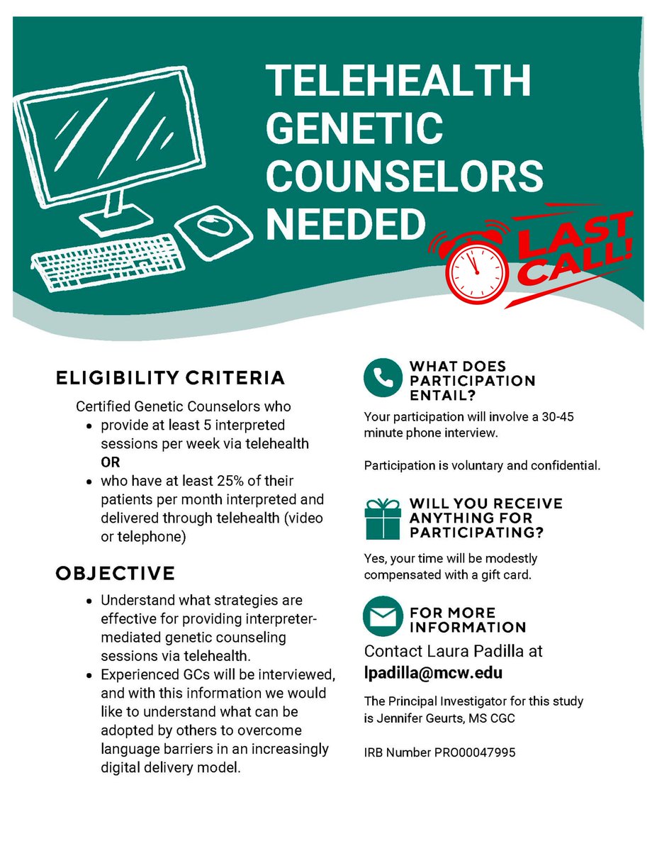 MCW MS in Genetic Counseling Program (@mcwmsgc) on Twitter photo ⏰LAST CALL! ⏰Research Participants needed for a study about Telehealth Genetic Counseling sessions that use Medical Interpreters. To indicate interest or for more information please email Laura Padilla at lpadilla@mcw.edu #genechat #geneticcounseling #gcresearch ⏰LAST CALL! ⏰Research Participants needed for a study about Telehealth Genetic Counseling sessions that use Medical Interpreters. To indicate interest or for more information please email Laura Padilla at lpadilla@mcw.edu #genechat #geneticcounseling #gcresearch