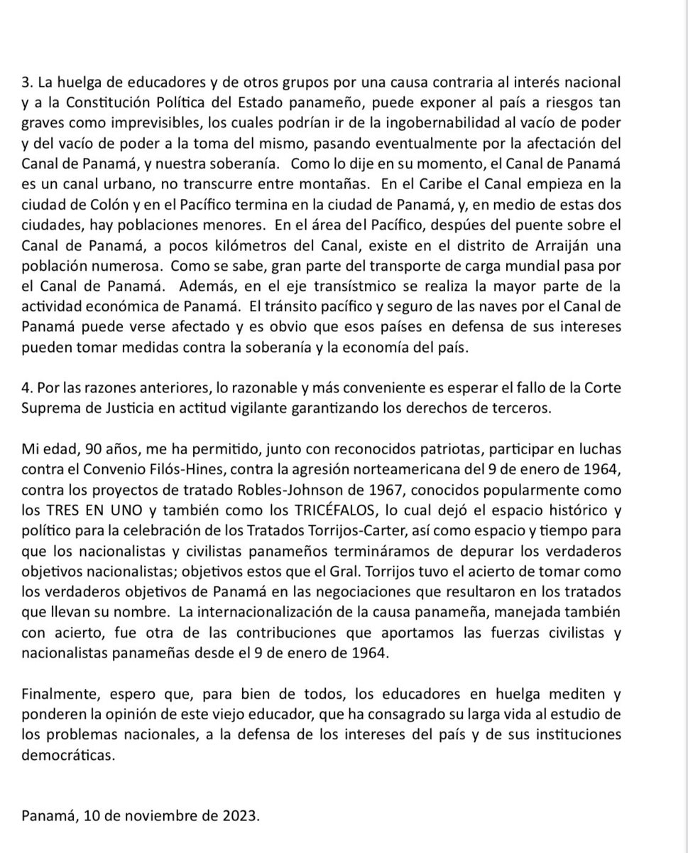 Nuevo escrito del Dr. Carlos Bolivar Pedreschi: ALARMA PATRIÓTICA Y OPORTUNA. 
➡️La abrogación del contrato sería un servicio gratuito y oficioso a la empresa minera en evidente perjuicio del Estado panameño.
➡️Lo razonable y más conveniente es esperar el fallo de la CSJ en