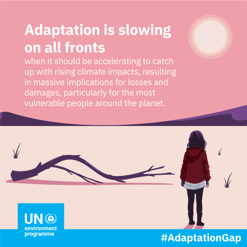 UNEP's tweet photo. From droughts and floods to thawing cryospheres, from agriculture to cities, different climate challenges require different adaptation solutions.

Listen to the 11 case studies from the #AdaptationGap Report 2023 and explore how we can take concrete adaptation action.