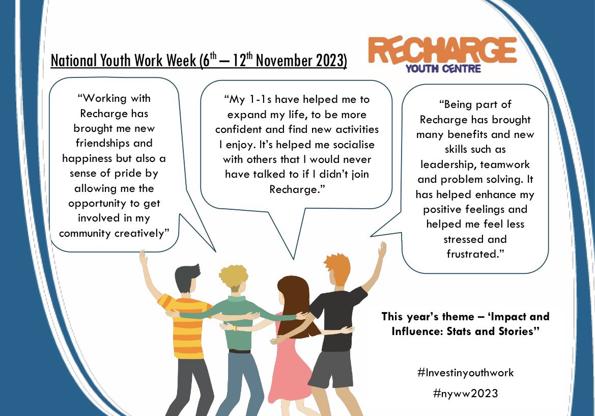National Youth Work Week 2023

Thanks to all our young people, staff and finders who allow Recharge to carry out the work we do. 

Youth work has amazing impacts on young people and society. We join calls for greater investment in youth work

#nyww2023 #investinyouthwork