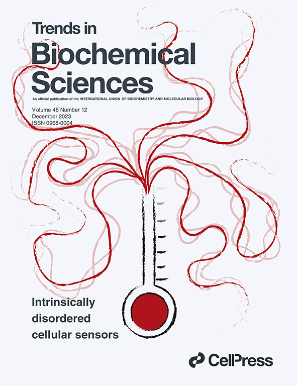 Our December issue is compiled! The cover depicts how the intrinsic disorder of proteins may act as cellular sensors of their #physicochemical environment (i.e. temperature, pH, redox state). @david_c_moses @GarrettGinell @alexholehouse @shaharsu cell.com/trends/biochem…