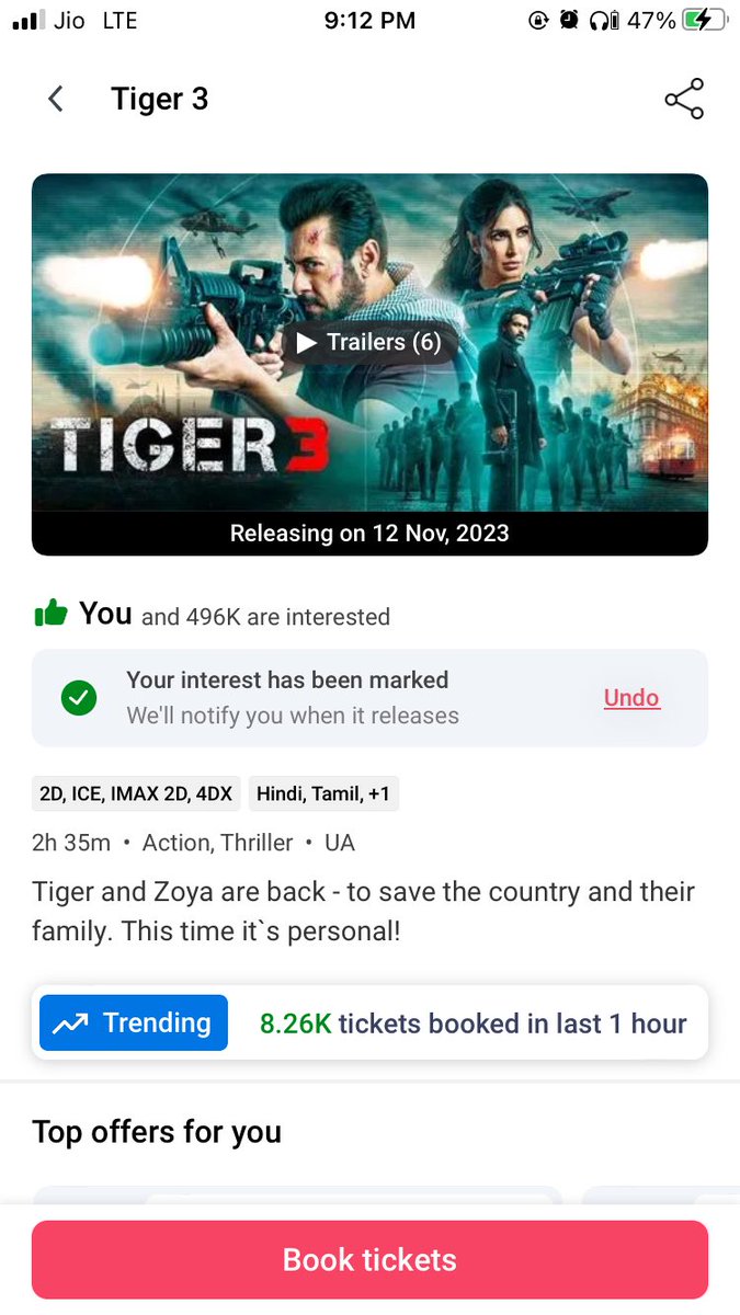 Production70662's tweet photo. #Tiger3 is Selling 8.26K Tickets Last hour,
the speed gonna increase in coming hours, Tomorrow it will sell 12-15K+ per hour💥🔥
#SalmanKhan #KatrinaKaif #EmraanHashmi #YRFSpyUniverse #YRF50 #YRF #X72 https://t.co/PgQY0IfYb3