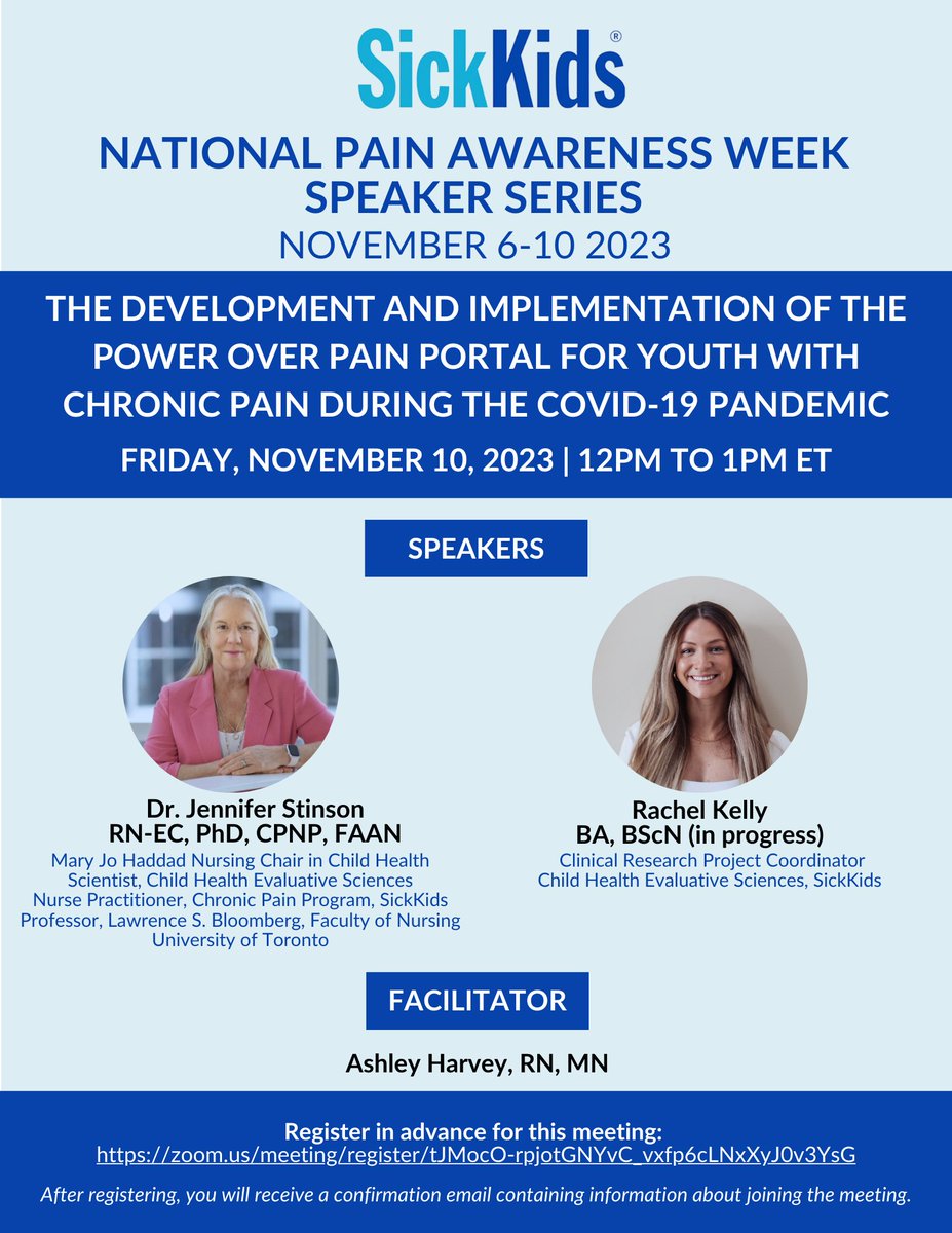 We have one more #NPAW2023 speaker series session - The development and implementation of the Power over Pain Portal for youth with chronic pain during the COVID-19 pandemic, with @DrJenStinson and Rachel Kelly! #PedsPain Register at zoom.us/meeting/regist…