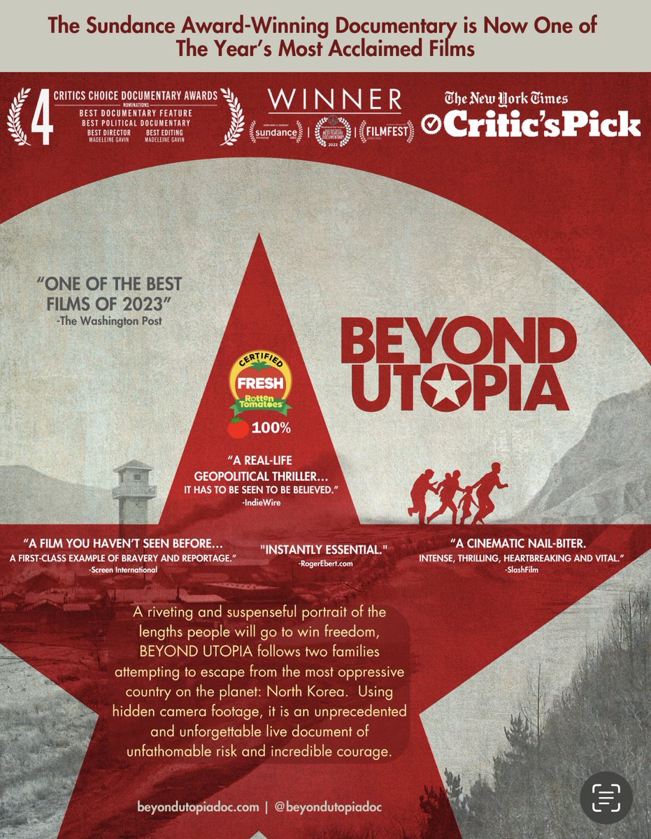 Delighted to see <a href="/BeyondUtopiaDoc/">Beyond Utopia</a> named a New York Times Critics Pick and one of the best films of the year (not just documentaries) by the Washington Post. Also gets a 100% rating on Rotten Tomatoes!