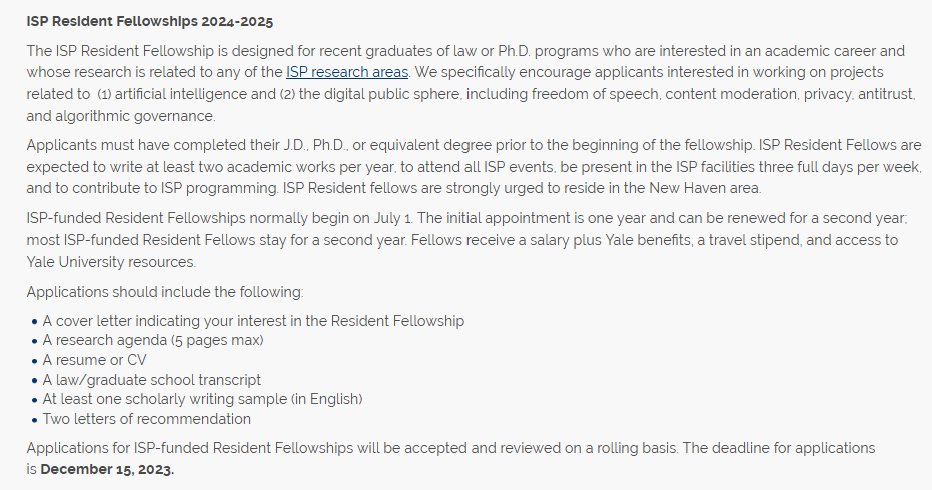 🚨 We're hiring postdocs! 🫵 If you are a recent grad of a law or PhD program researching tech, law and society (we esp encourage applicants working on AI and the digital public sphere)... ✏️ Apply to our Resident Fellowship by December 15, 2023. law.yale.edu/isp/join-us#he…