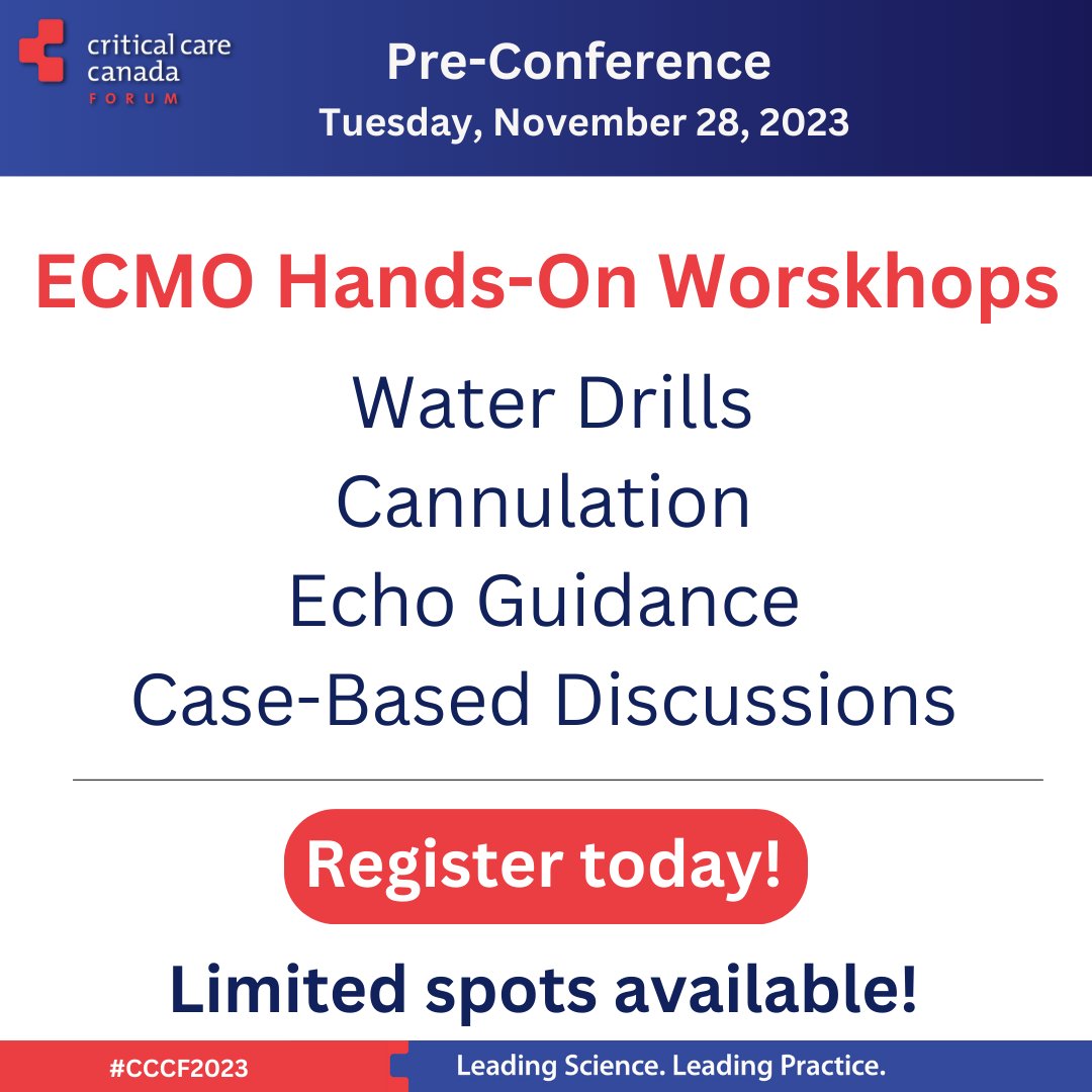 Be sure to check out ECMO day and our pre-conference workshops on Nov 28th at #CCCF2023
Register at criticalcarecanada.com