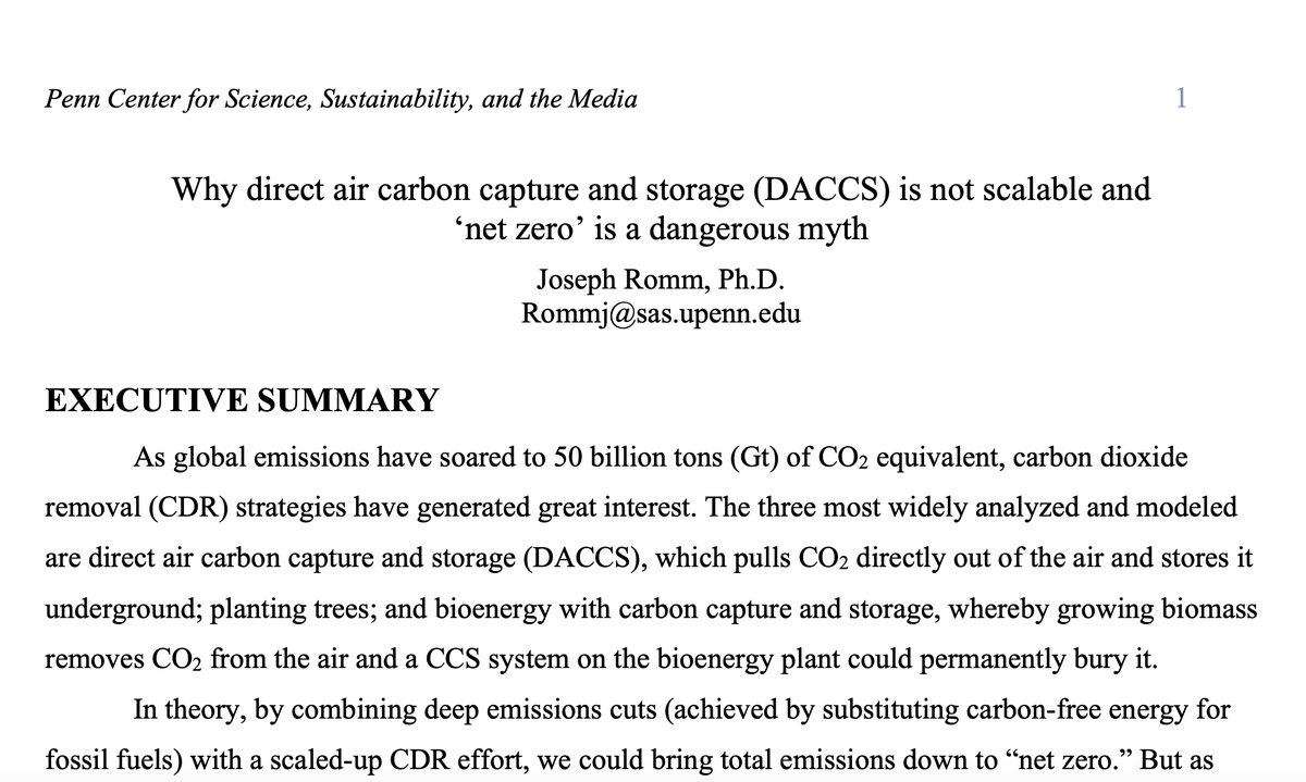 PennCSSM's tweet photo. "Why direct air carbon capture and storage (DACCS) is not scalable and ‘net zero’ is a dangerous myth" - another brilliant White Paper by @PennCSSM Senior Fellow, Joe Romm
#NetZero #sustainability #climatechange #media #news #earth #environment #CarbonZero #uofpenn #penncssm https://t.co/Ue3twXoQWy