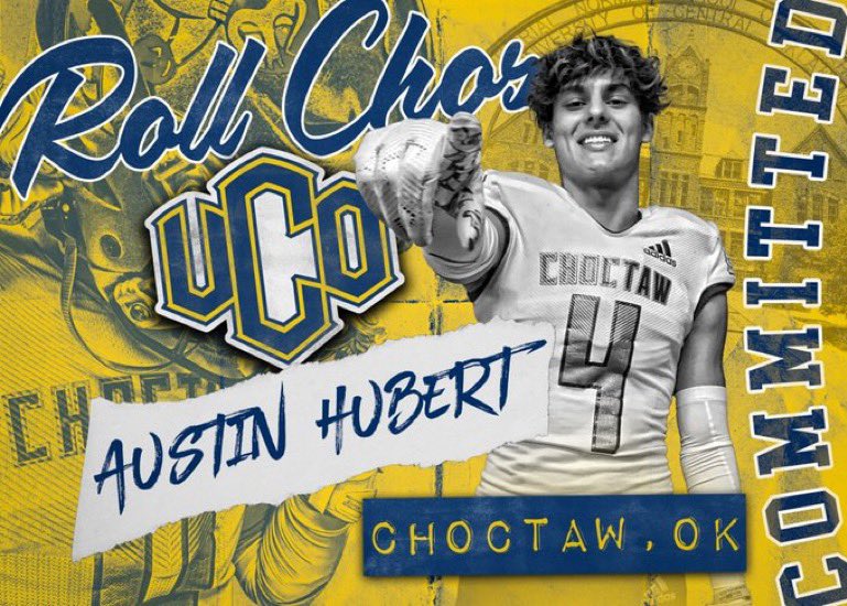 AustinHubert3's tweet photo. I’m excited to announce my commitment to continue my academic and athletic career at the University of Central Oklahoma. I want to thank my family, friends, and coaches that have helped me among the way. #rollchos
@CoachMcGuire_ @_CoachNeal_ @JakeCorbin @1COACH_CARTER @TrePorter5 https://t.co/1NNbVdf2PX