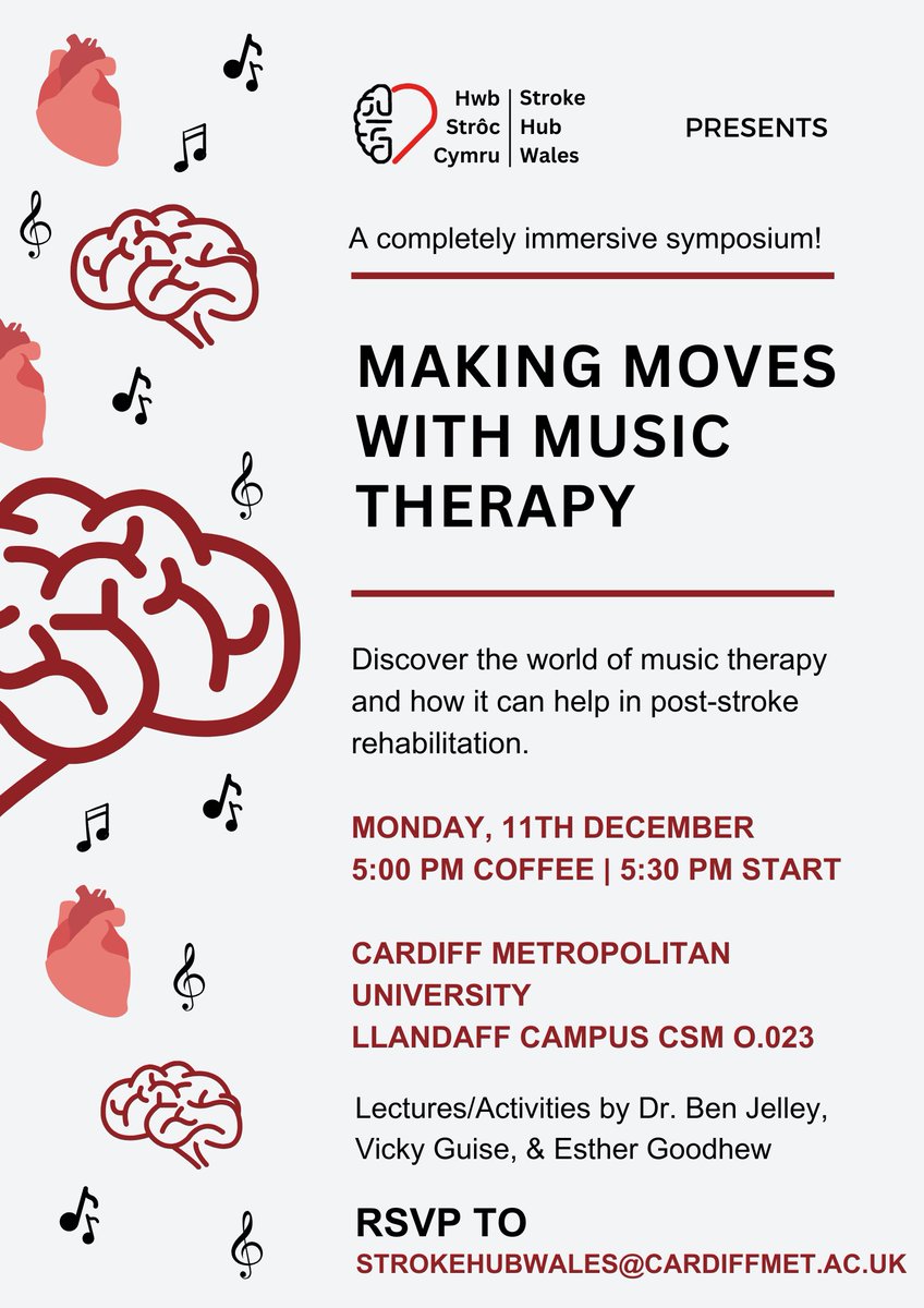 Stroke Hub Wales (@strokehubwales) on Twitter photo đź—ŁNew Eventđź—Ł Join us 1 month today for our next symposium: Making Moves with Music Therapy! Monday, 11th December, in Cardiff!
Lectures followed by an activity! Come listen to <a href="/BenjaminJelley/">Benjamin Jelley đź’™</a>, <a href="/vickyguise/">Vicky Guise</a>, and <a href="/GoodhewEsther/">Esther Goodhew</a> talk about the benefits of music therapy after stroke đź—ŁNew Eventđź—Ł Join us 1 month today for our next symposium: Making Moves with Music Therapy! Monday, 11th December, in Cardiff!
Lectures followed by an activity! Come listen to <a href="/BenjaminJelley/">Benjamin Jelley đź’™</a>, <a href="/vickyguise/">Vicky Guise</a>, and <a href="/GoodhewEsther/">Esther Goodhew</a> talk about the benefits of music therapy after stroke