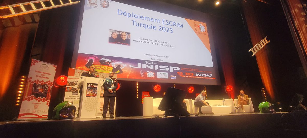#JNISP2023
2ÈME JOUR

"Pratiques atypiques, adaptabilité de l'ISP"

L'ICN Stéphane ROCH du <a href="/sdis38/">Sapeurs-pompiers de l'Isère - SDIS38</a> et l'ICN <a href="/PilorgetFr/">PILORGET Franck</a> du <a href="/Sdis76/">Sapeurs-pompiers 76</a> ont abordé la mission <a href="/ESCRIM_FRANCE/">ESCRIM-FRANCE</a> <a href="/pompiersdugard/">Sapeurs Pompiers du Gard</a> en Turquie de février/Mars 2023.