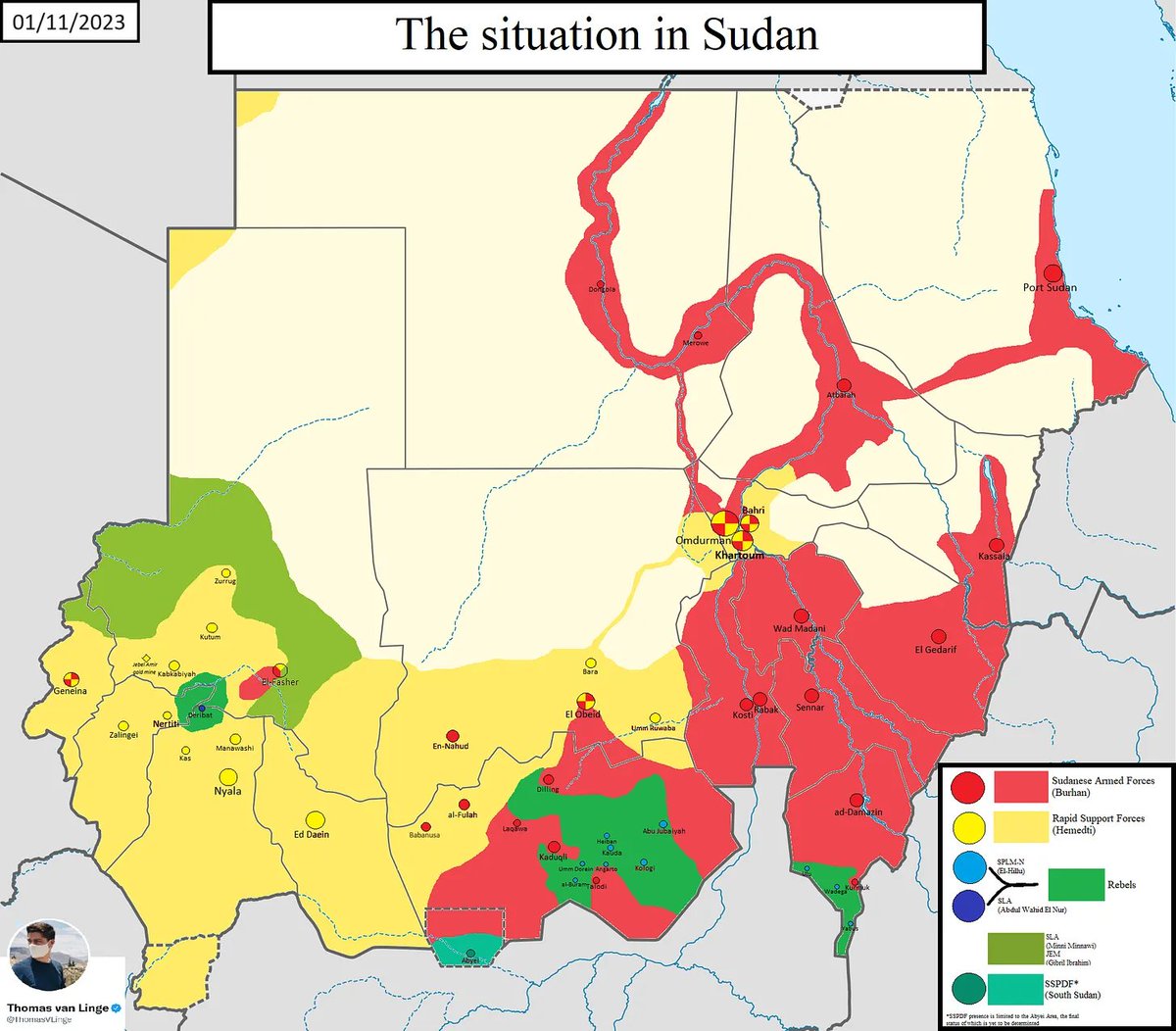 RAbdiAnalyst's tweet photo. Sudanese army controls the Nile Valley and access to Red Sea, RSF controls bulk of rest of the country.

The physical geography of the current war mirrors old historical faultlines. 

If RSF succeeds, it will reconfigure the geography of power in Sudan. https://t.co/KY8N4rwY6u