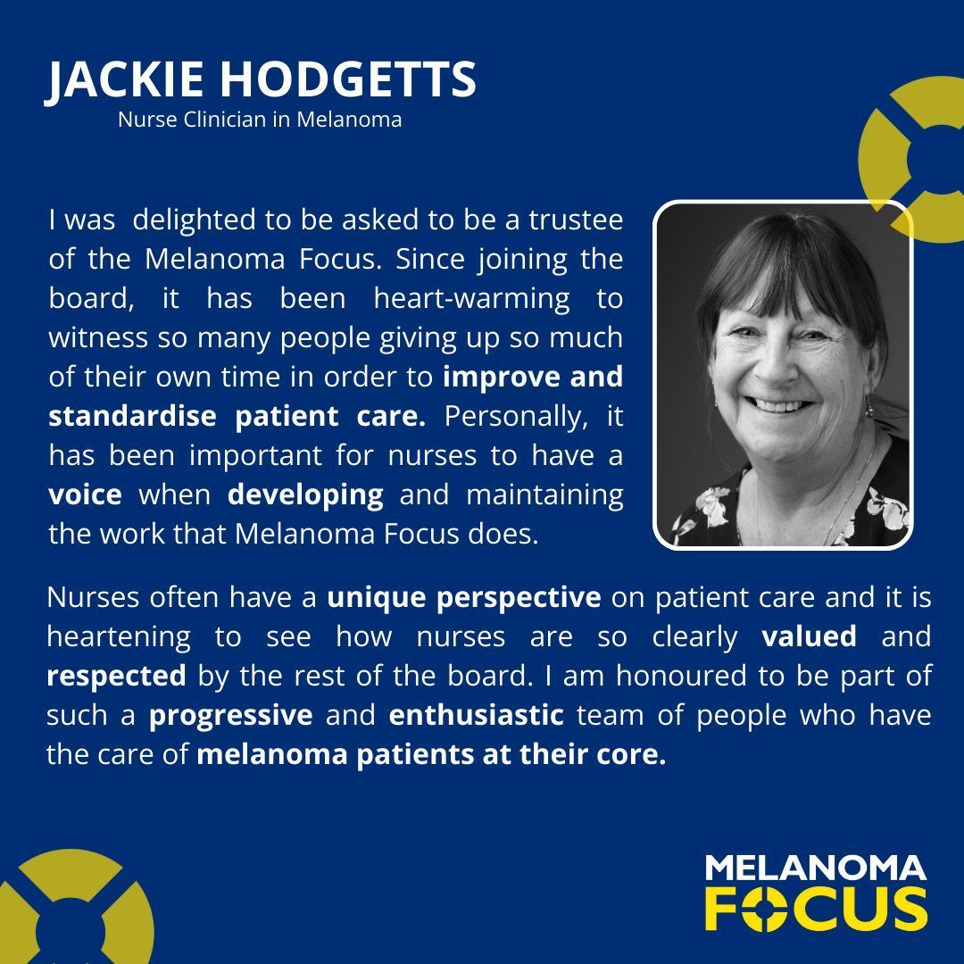 Melanoma Focus UK (@focusonmelanoma) on Twitter photo Meet Jackie Hodgetts π
Jackie is a Nurse Clinician at The Christie Hospital in Manchester (<a href="/TheChristieNHS/">The Christie NHS</a>), where she has worked since 1988.
It is vital to have Jackie's nursing perspective & knowledge on our board of trustees. π Meet Jackie Hodgetts π
Jackie is a Nurse Clinician at The Christie Hospital in Manchester (<a href="/TheChristieNHS/">The Christie NHS</a>), where she has worked since 1988.
It is vital to have Jackie's nursing perspective & knowledge on our board of trustees. π