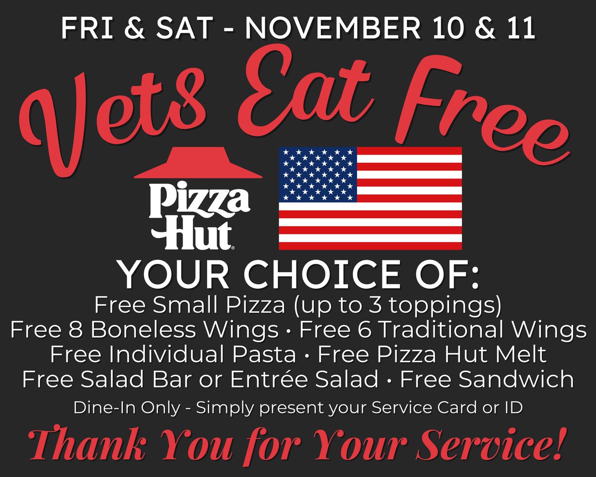 Pizza Hut honors those who fought for our rights and our freedom. Today and tomorrow, Veterans can get one free menu item at any of our dine-in locations. Thank you for your service.

#VeteransDay #PizzaHut #ThankYouForYourService