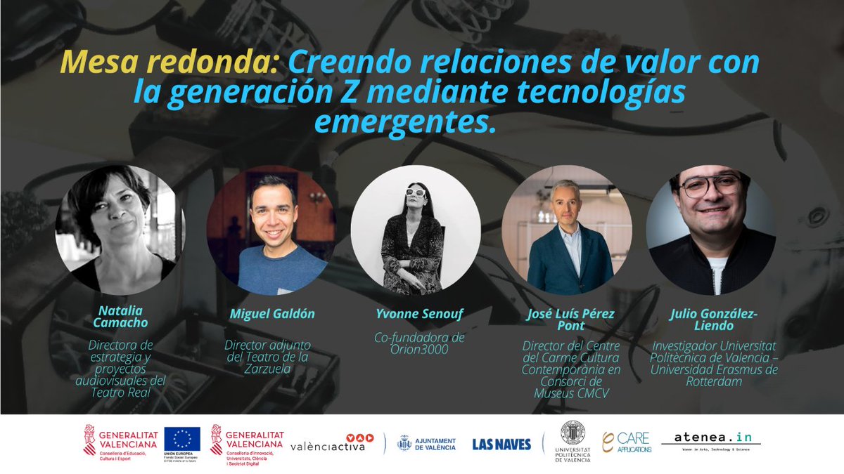 ¿Te lo vas a perder?

JORNADA - TECNOLOGÍA
Tecnologías emergentes (IA, RX y RA) aplicadas a la gestión y consumo cultural
📅 Viernes 24 de noviembre - 9:30 h
📍 Sala Polivalent, Las Naves
 
🪑 Modalidad presencial. Entrada gratuita.
🚀 Inscripciones en atenea2023.eventbrite.es