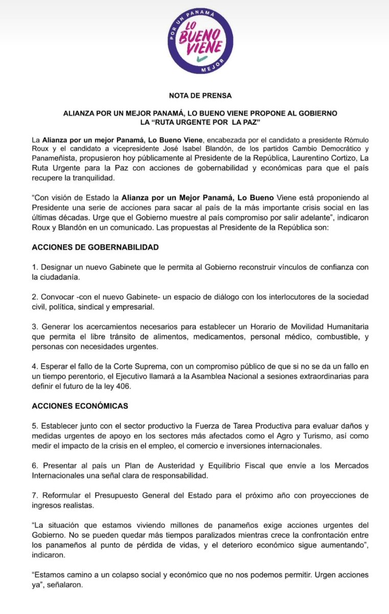 PanamaHoy_'s tweet image. #AEstaHora  Alianza Opositora "Por Un Panamá Mejor, Lo Bueno Viene", presenta  acciones de gobernabilidad para retornar a la paz y tranquilidad social. Acciones económicas y de gobierno 👇