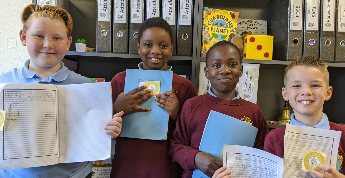 StStephens_Bury's tweet photo. These are the smiles of 4 children who have worked their socks off to achieve great things in their writing. We are very proud of you, keep being brilliant!! #ststephenssuperstars #weloveststephens 😊 https://t.co/lleY5KByr6