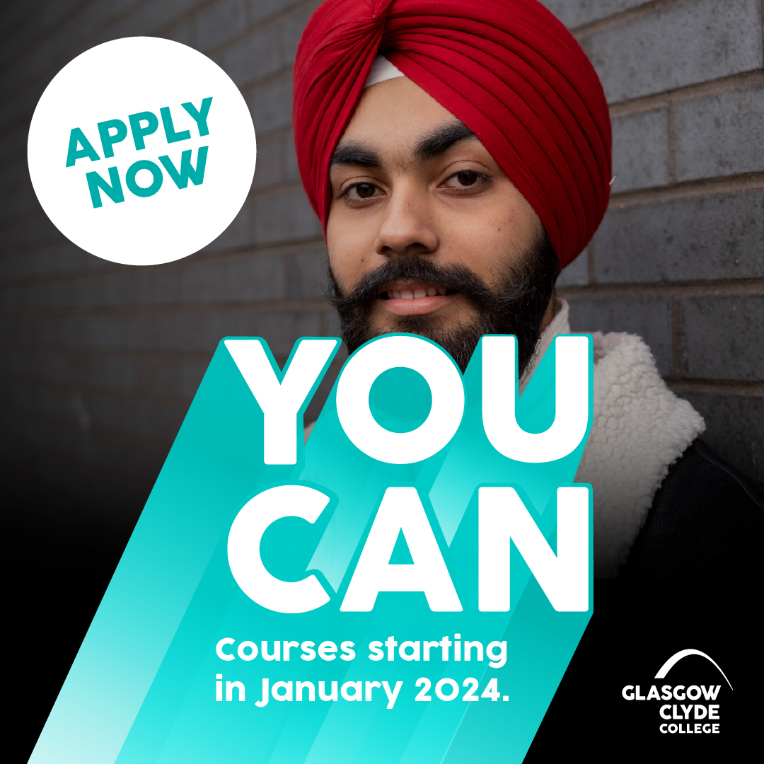 Glasgow_Clyde's tweet photo. Our January courses are perfect for dipping your toes into something new. Whether you want to start a brand new career, pursue a new passion or develop your existing skills, we've got you covered. Visit our website for more info โก https://t.co/hOeCWa5y3D #YouCan #JanuaryCourses https://t.co/QR9gtw8wGp