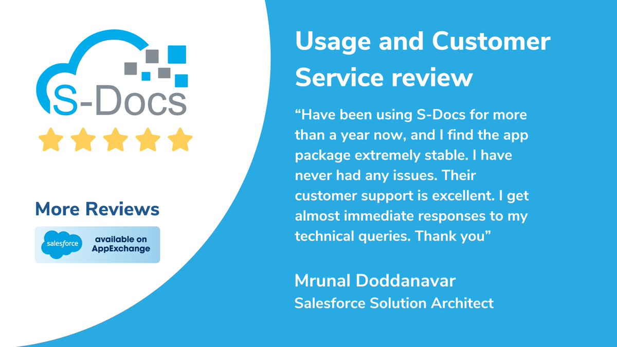 Sdocs's tweet image. We 💙 hearing from our incredible customers!
Thanks for the great ⭐ ⭐⭐⭐⭐ review!

Find out how others are achieving success with S-Docs on #AppExchange: sforce.co/47hgWbg