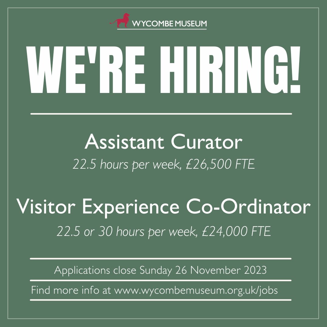 We've got two vacancies at the museum we're taking applications right now - including an Assistant Curator post for an exciting new project that we'll be announcing more details for soon. 

Applications are open until 26th November.  
Full details: bit.ly/WycombeMuseumJ…