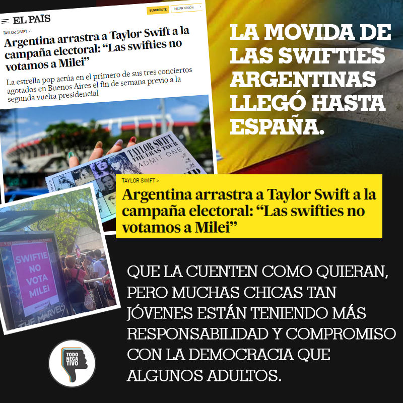 TodoNegativo's tweet photo. 🎵🎤 "Las swifties no votamos a Milei"
El mundo abre los ojos ante estás recetas antiguas disfrazadas... 🇪🇸🗳️🇦🇷 https://t.co/e0R3mXAGyc