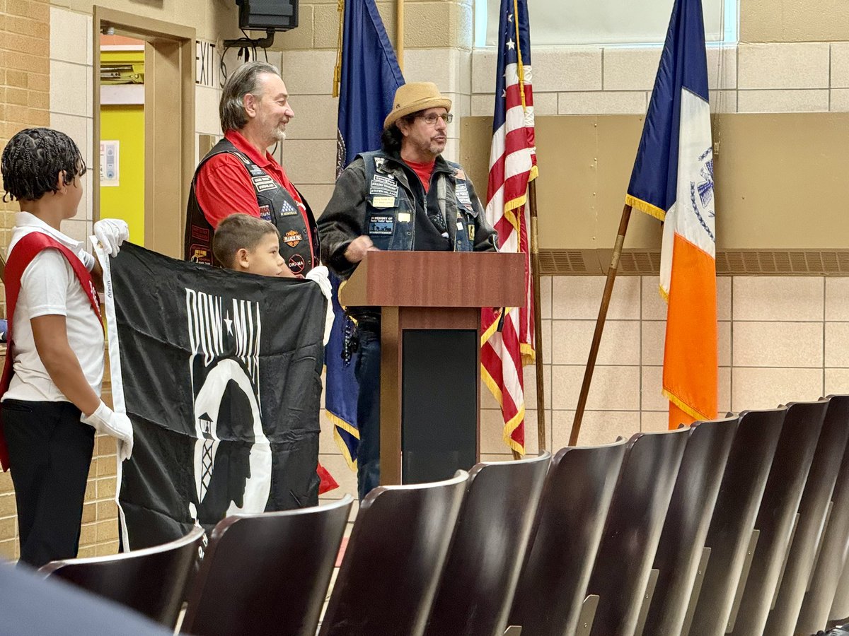 We kicked off Veterans Day weekend with a beautiful assembly/flag-raising ceremony alongside the 5th grade class of P.S. 60 and Rolling Thunder. 

It is crucial to teach students the meaning behind Veterans Day, the POW-MIA flag, and the sacrifices those who served our country