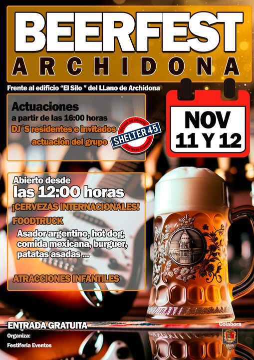 🍻 Si te gusta la cerveza.... este fin de semana tienes una cita con la Beerfest 🍻 

📍 El Edificio El Silo, en el Llano de Archidona, es el punto de encuentro, a partir del mediodía cada día

🌮 Habrá 'foodtruck' con con un asador argentino, comida mexicana y hamburguesas 🍔
