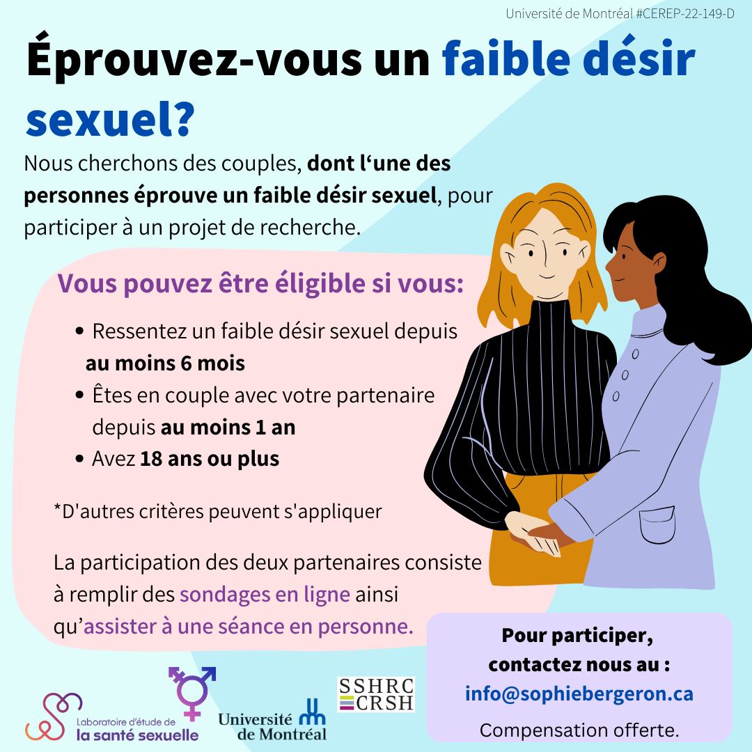 RECRUTEMENT💁‍♀️ Le Laboratoire d’étude de la santé sexuelle, dirigé par @DrSBergeron @UMontreal, est à la recherche de couples engagés dans une relation à long terme pour participer à l'Étude ROSE. 📌 Plus d'infos : bit.ly/48PKHl2 #communautéFRQ @FASNouvelles