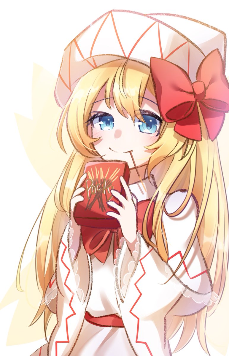 lily white 1girl solo food blonde hair blue eyes long hair pocky  illustration images