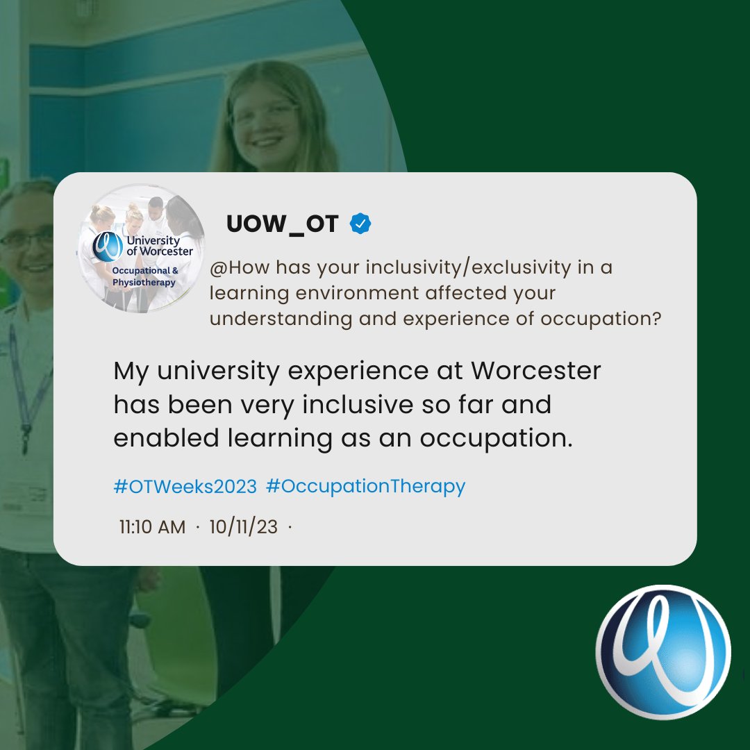 UoW_OT's tweet photo. While we are nearing the end of OT week '23 here is just a few insightful words from our fab BSc year 2 OT students on their experience of occupational therapy so far and why it matters 💙💚. #occupationaltherapystudent  #otweek23 #rcot   #bchcommunity https://t.co/czwE8Grxz5