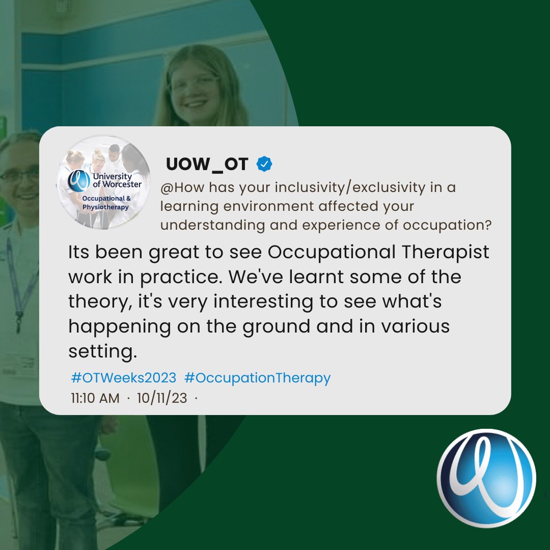 UoW_OT's tweet photo. While we are nearing the end of OT week '23 here is just a few insightful words from our fab BSc year 2 OT students on their experience of occupational therapy so far and why it matters 💙💚. #occupationaltherapystudent  #otweek23 #rcot   #bchcommunity https://t.co/czwE8Grxz5