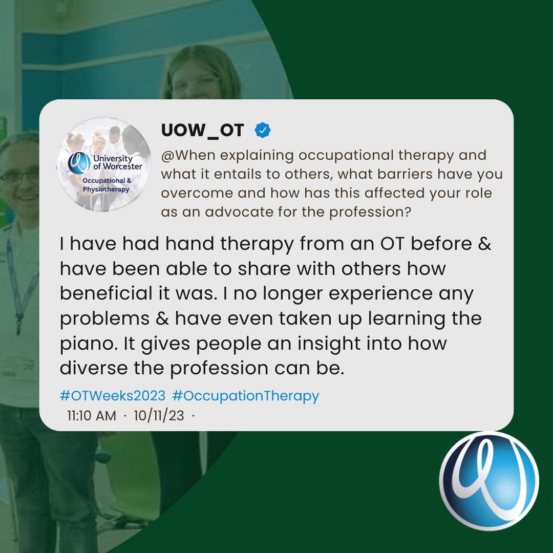 UoW_OT's tweet photo. While we are nearing the end of OT week '23 here is just a few insightful words from our fab BSc year 2 OT students on their experience of occupational therapy so far and why it matters 💙💚. #occupationaltherapystudent  #otweek23 #rcot   #bchcommunity https://t.co/czwE8Grxz5