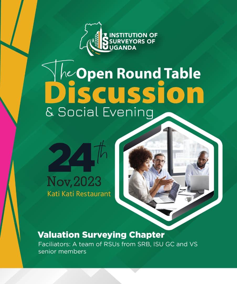The Valuation Surveying Chapter of ISU has organized an: Open Round table discussion and Social Evening with several objectives 

Target audience: Professional Associates (PA's) and Graduate Valuation Surveyors.

Confirmation deadline: Monday 20th November, 2023