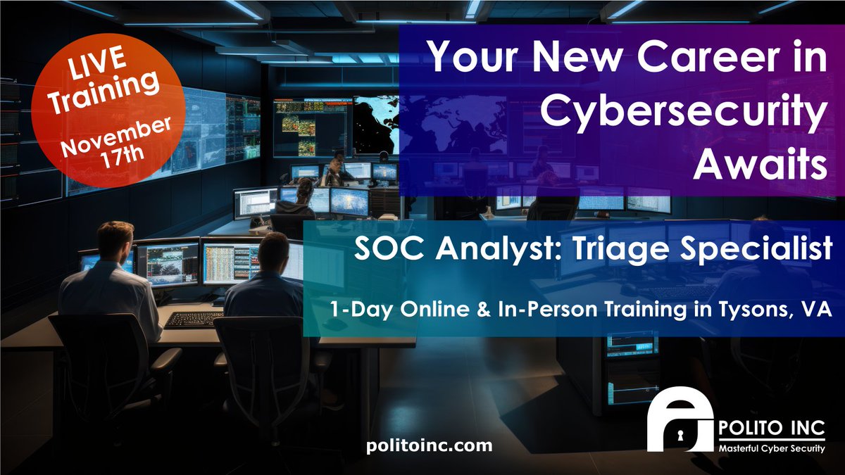 It's not too late! Sign up for our LIVE #SOC Analyst training coming up next Friday, Nov. 17th! 10% off & Free resume review included to help you land the #cybersecurity role you want. politoinc.com/cybersecurity-… #cybersecuritytraining #CyberSecurityJobs #InfoSecJobs #infosec #hacker