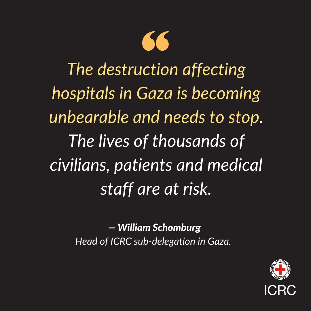 Hostilities are severely affecting hospitals and ambulances, and taking a heavy toll on civilians, patients, and medical staff. The healthcare system in Gaza has reached a point of no return. The rules of war are clear. Hospitals must be protected under #IHL.