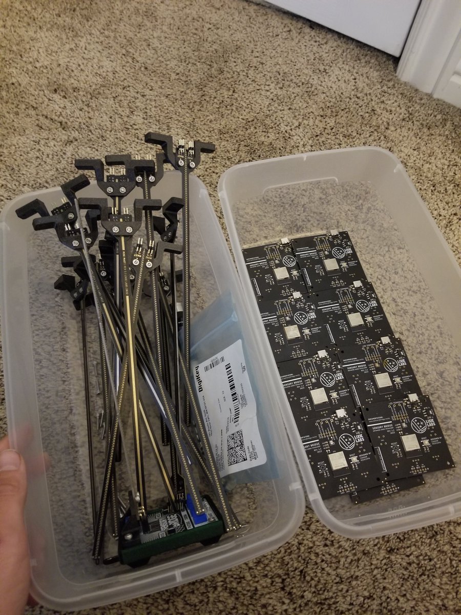 lixielabs's tweet photo. 📦 Batch Update!

All 2,429 surface mount parts have been soldered to your #SensoryBridge and #MiniMast PCBs, and now all of the thru-hole pins have been attached to the MMs as well, making the thru-hole parts on SB the last step today before final test/pack this weekend! https://t.co/gL5uShF2UH