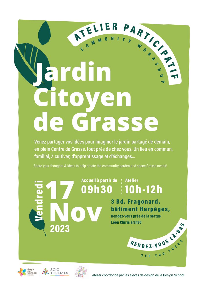 [ATELIER PARTICIPATIF AU JARDIN CITOYEN DE GRASSE] RDV le 17/11, au jardin de la PMI, 3 Bvd. Fragonard, de 9 h 30 à 12 h !
- accueil entre 9 h 30 et 10 h,
- début de l'atelier à 10 h
✉️ Infos &amp; contact : k.mokhtari@scic-tetris.org

#paysdegrasse #besignschool #regionsud
