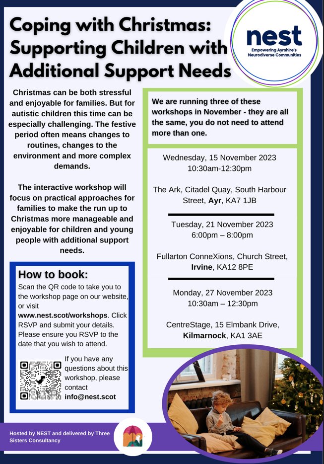 Christmas can be both stressful and enjoyable for families. For autistic children and young people this time of year can be especially challenging. Please see attached the flyer for the latest NEST workshop. Please feel free to share the flyer with your contacts and networks 👇