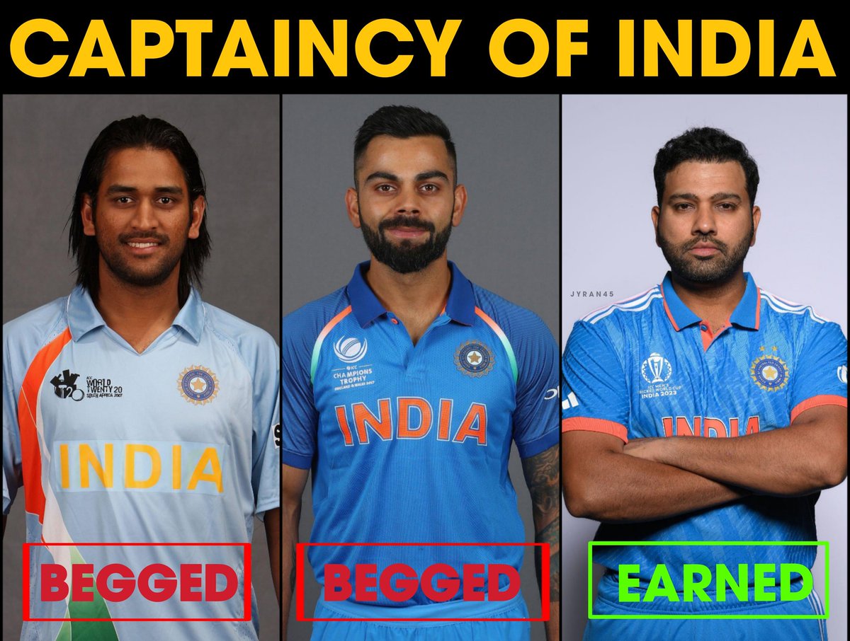 Jyran45's tweet photo. When Dhoni got the captaincy of India, his captaincy record was as same as his overseas century. 

When Virat got the captaincy of India, his captaincy record was as same as his ODI double century.

But when Rohit got the captaincy of India, he had already won 5 IPL Trophies, Asia Cup and Nidahas Trophy.

Dhoni and Kohli were gifted the captaincy but Rohit earned it.🐐