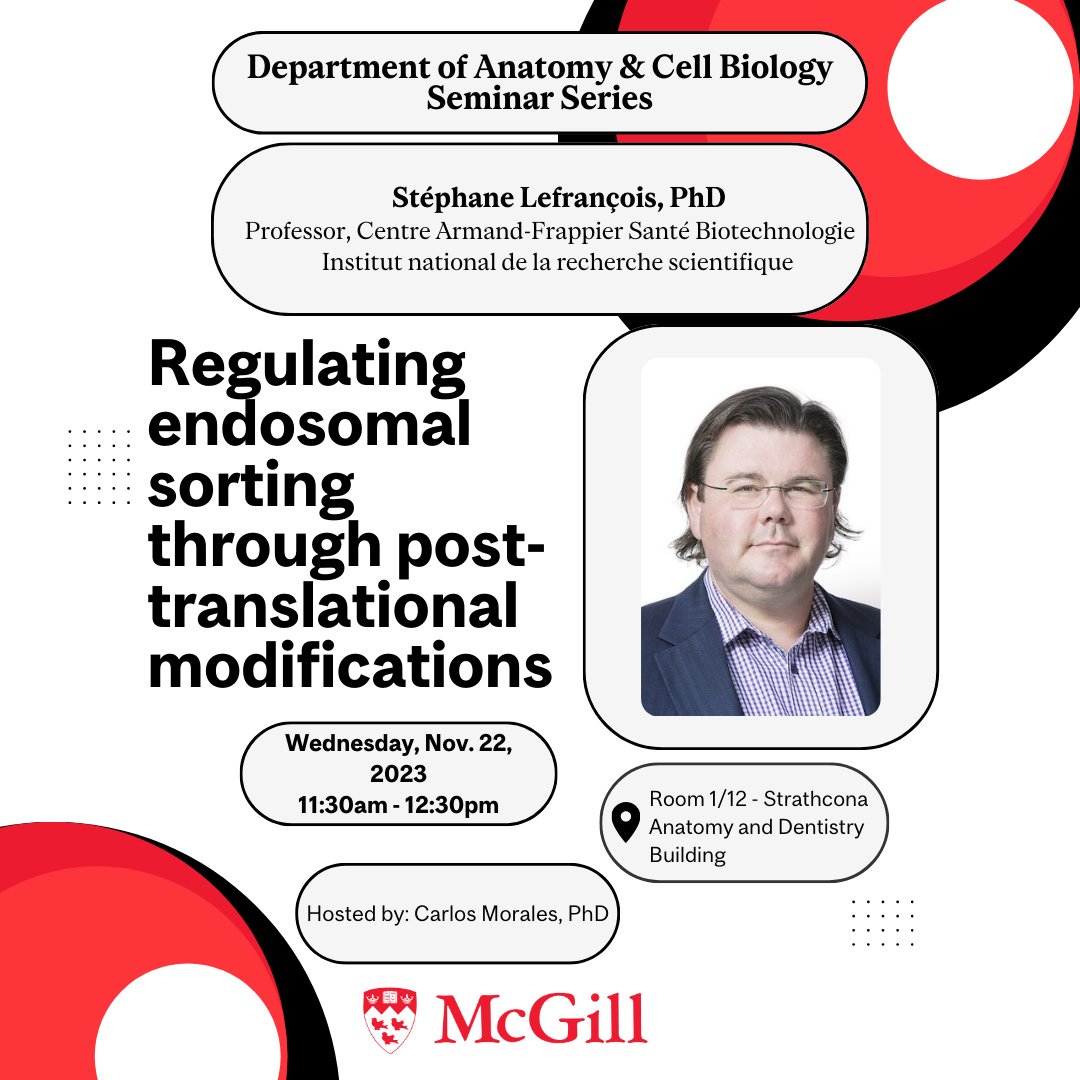 The next ACB Departmental Seminar will be held Wednesday, Nov. 22, at 11:30am.
Stéphane Lefrançois will present "Regulating endosomal sorting through post-translational modifications."
