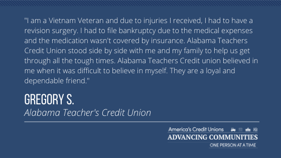Just as <a href="/ALTeachersCU/">Alabama Teachers CU</a> did for Vietnam Veteran Gregory, credit unions stand ready to serve our veterans who so faithfully served our nation. Learn more about how credit unions are building better communities in your state by visiting: advancingcommunity.com #VeteransDay 🇺🇸