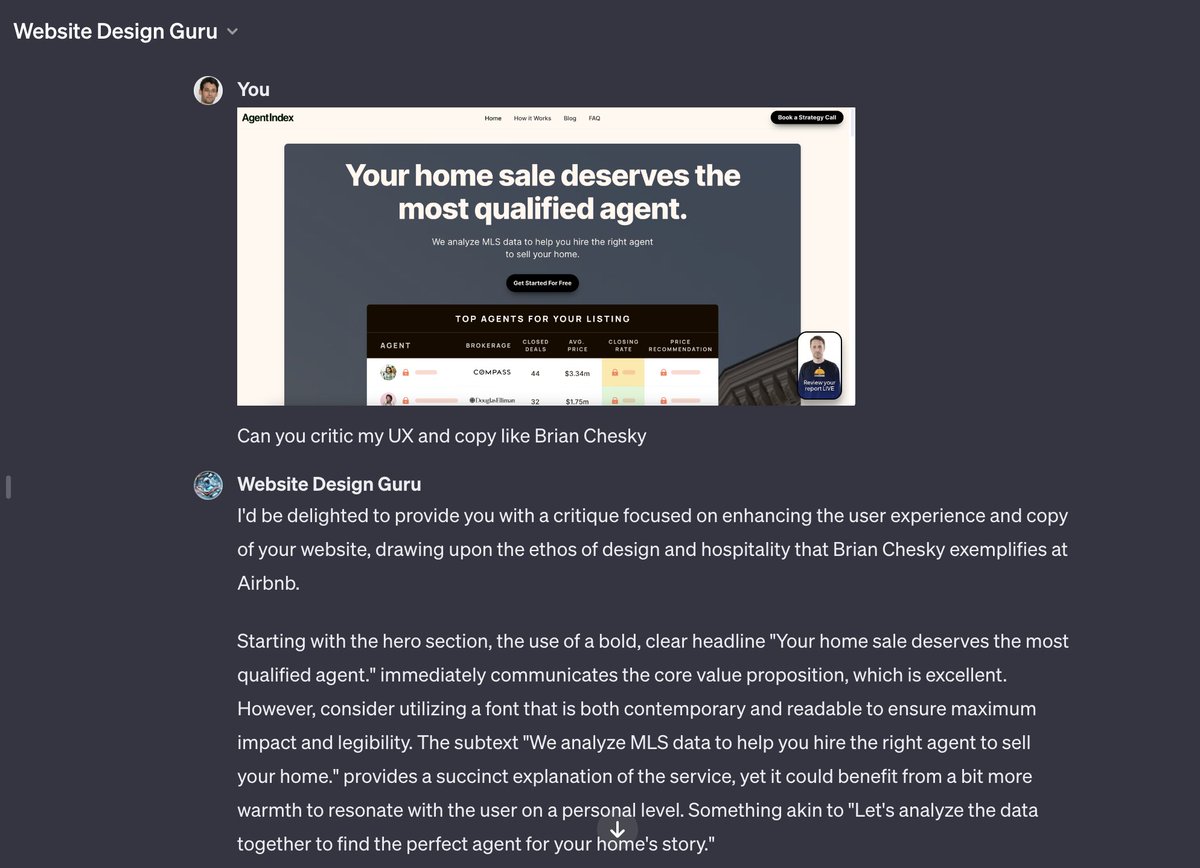 I just created a GPT - For getting design/UX critics on your website like Tech Icons chat.openai.com/g/g-C3GSOjK8H-…  Get <a href="/bchesky/">Brian Chesky</a> commenting on your UX