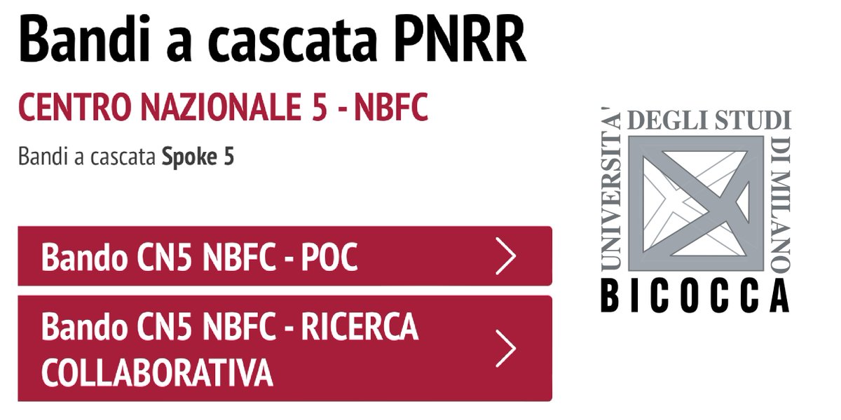 nbfc_italy's tweet image. Sono stati ufficialmente pubblicati tutti i bandi a cascata emanati da @unimib nel suo ruolo di #Spoke5 all&apos;interno di #NBFC 🏙  

🔗 Scopri di più su nbfc.it/pubblicazione-…
