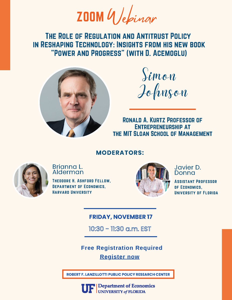 javdito's tweet image. We are delighted to invite you to a Webinar to discuss the role of regulation and antitrust policy in reshaping the direction of technology.

@baselinescene will present his new book #PowerAndProgress (with @DAcemogluMIT).

Registration:
ufl.zoom.us/webinar/regist…

More info below.