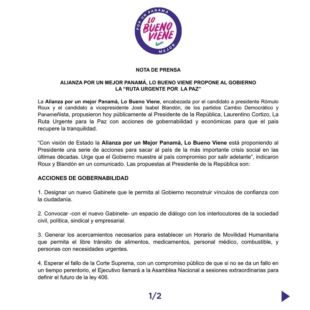 BlandonJose's tweet photo. Comparto la posición oficial de nuestra Alianza sobre la crisis que vive nuestro país.

Rómulo y yo acabamos de participar de una reunión con la Cámara de Comercio de Chiriquí y es realmente preocupante la situación que está sufriendo el pueblo chiricano con los cierres de calle. Exigimos al Gobierno a que asuma su papel y haga lo necesario, apostando al diálogo, para resolver esta crisis.