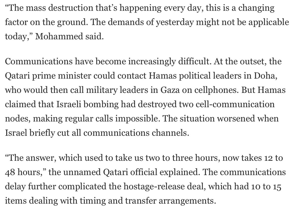 All the reporting on hostage/prisoner swap negotiations seems to confirm that a deal was in place 3 weeks ago and Israel decided to blow it up with a ground invasion. washingtonpost.com/opinions/2023/…