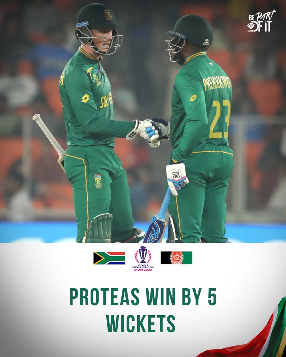 RASSIE LEADS PROTEAS CHASE 👏

Brilliant batting Rassie van der Dussen to steer the Proteas to a win over Afghanistan 🇿🇦🇦🇫

On to the semis we going ➡️ 

#CWC23 #BePartOfIt #SAvAFG