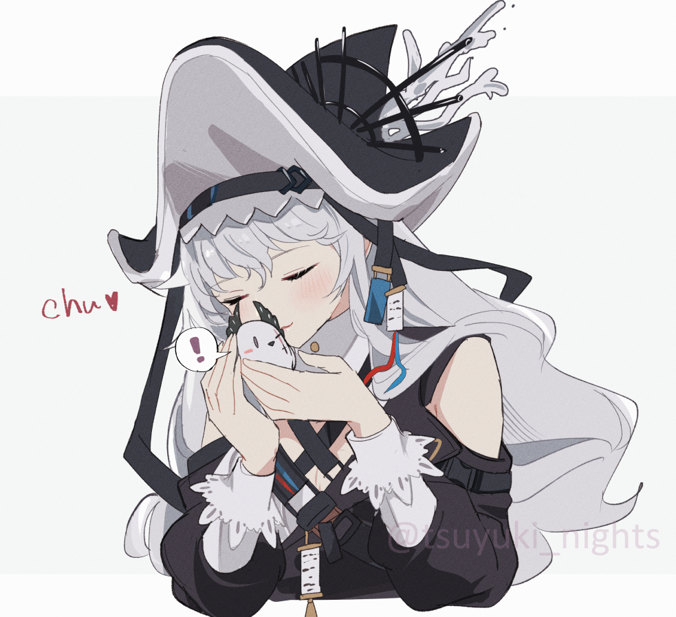 specter (arknights) 1girl closed eyes white background long hair simple background black headwear upper body  illustration images