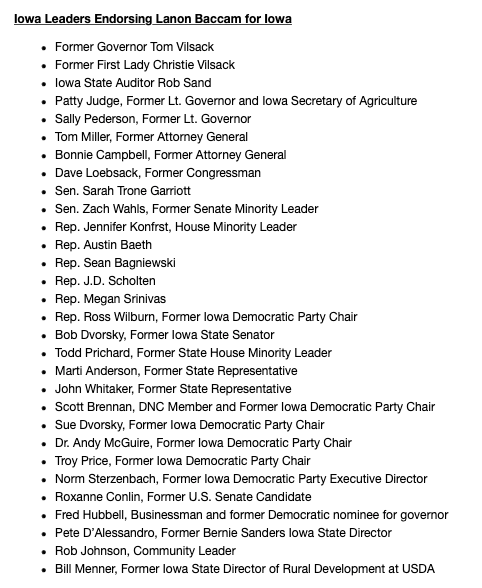 First Democrat to declare in #IA03 released a LONG list of endorsers today. I know others have thought about this primary but not sure whether they will move forward.