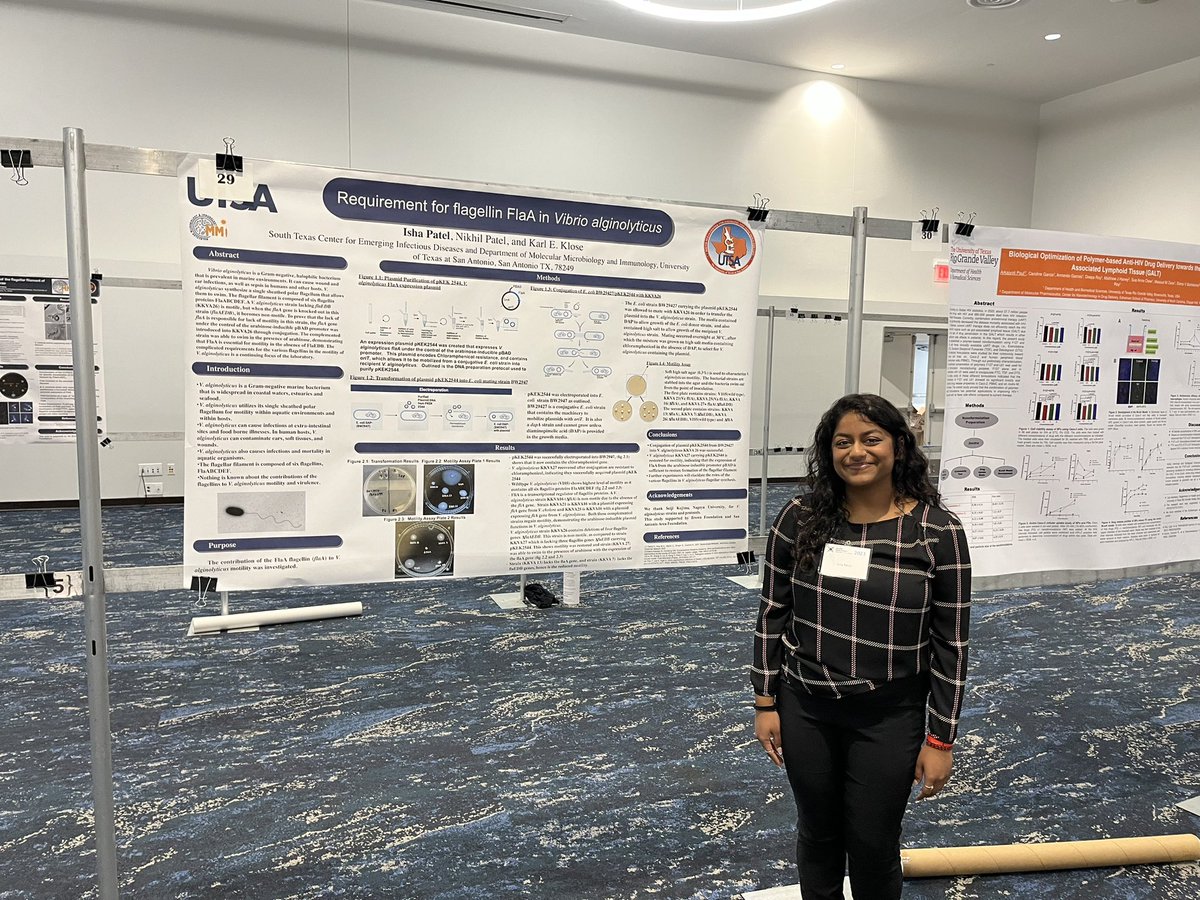 realKarlKlose's tweet photo. Students in my lab Nikhil, Isha, Carlos, Venus, presenting their posters at the San Antonio Vaccine Development conference, congratulations to Isha who won best poster award! @UTSA @UTSAmmi #stceid https://t.co/vKaqGxfK6Z