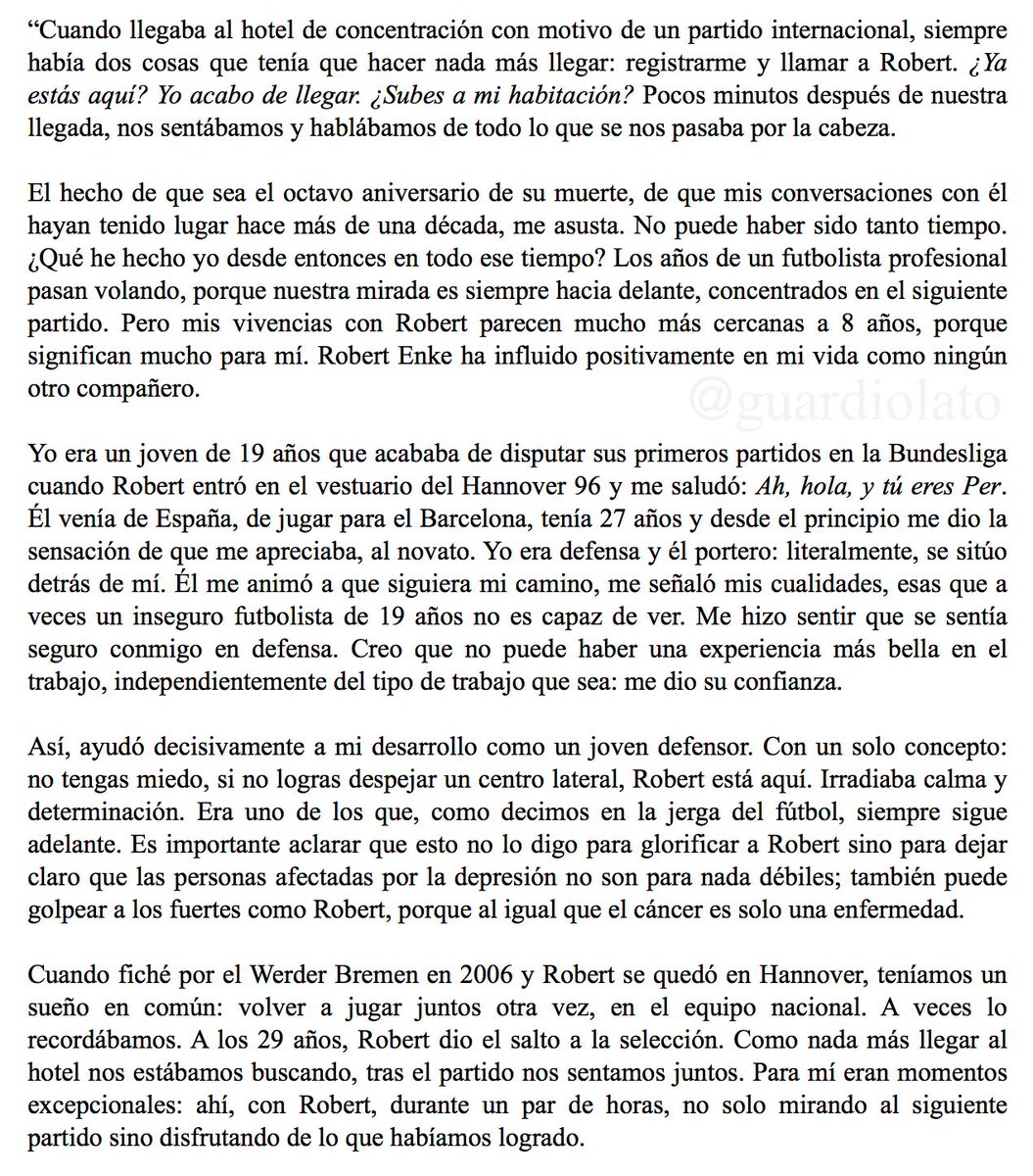 Guardiolato's tweet photo. Hoy se cumplen 14 años de la muerte de Robert Enke y, como cada aniversario, toca recordar las palabras que le dedicó Per Mertesacker, su gran amigo, en una emotiva carta publicada en el blog de la Fundación Robert Enke. Sobre la amistad y la depresión. https://t.co/6WgIfzMuV6